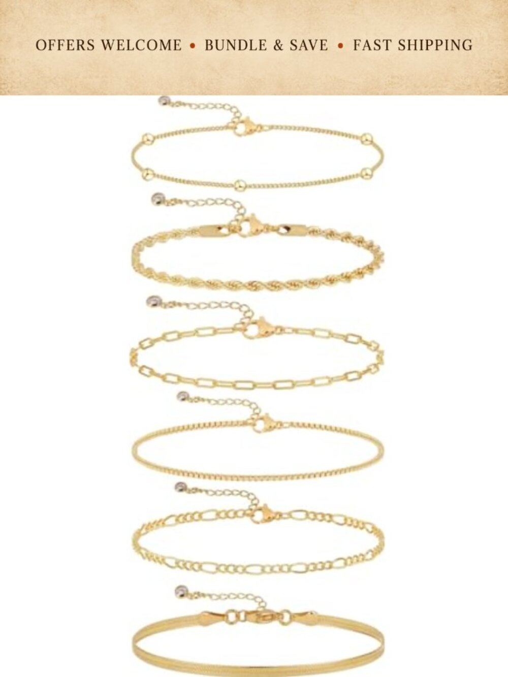 14k Gold Plated Bracelet Set 6 Pc Dainty Chain Link Layering Jewelry Gift